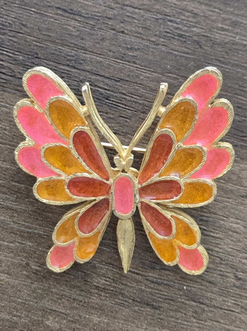 Vintage LG enamel Butterfly Brooch in Pink, Orange & Yellow Gold-Tone